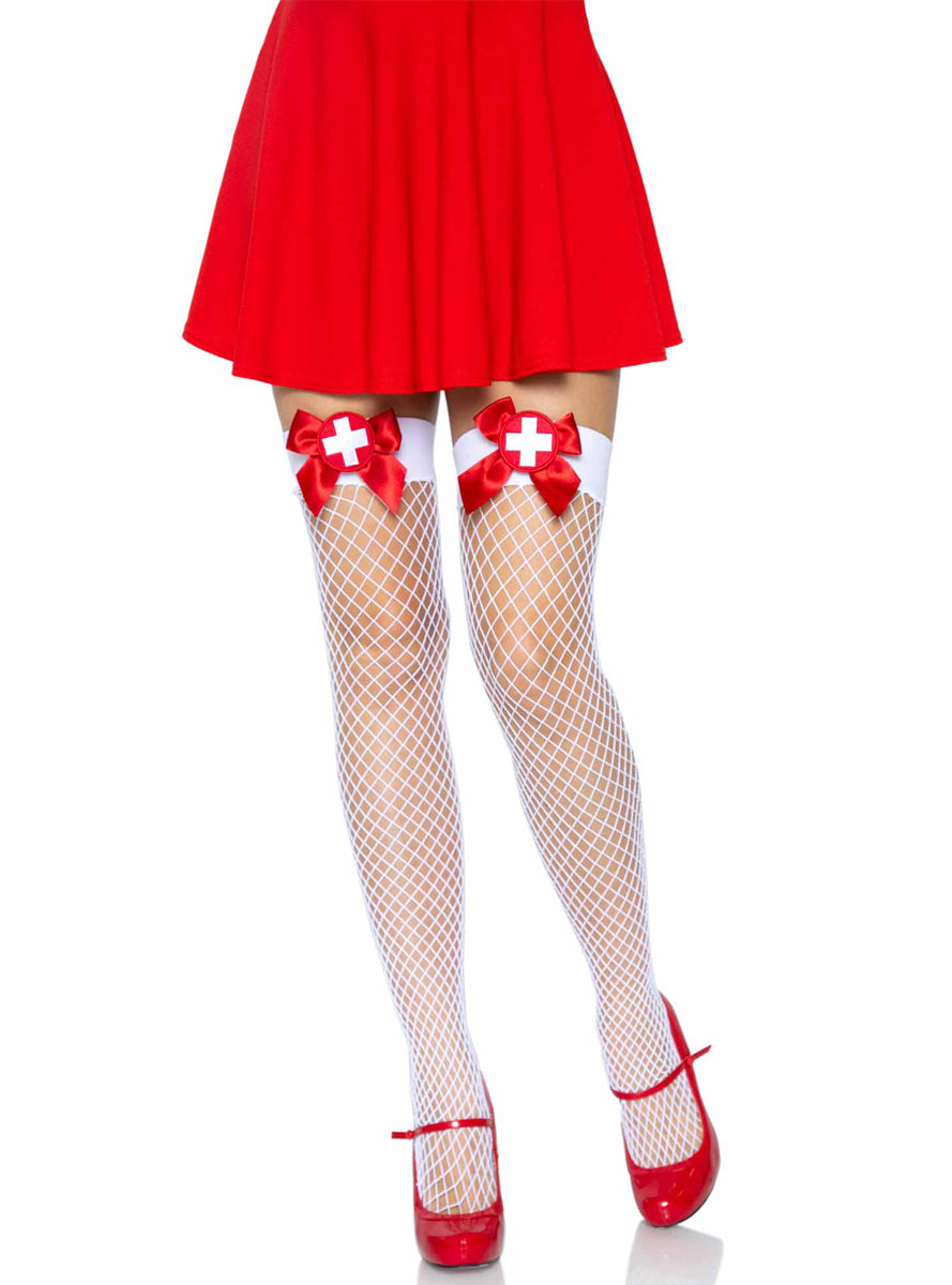 Womens Industrial Net Thigh High Stockings With Nurse Badge Main Image