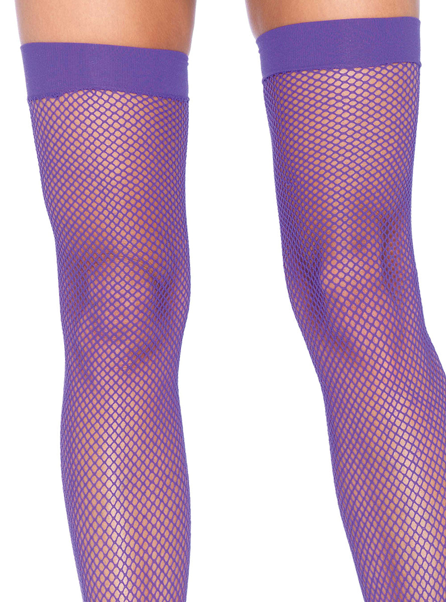 Womens Classic Neon Purple Fishnet Thigh Highs Close Image