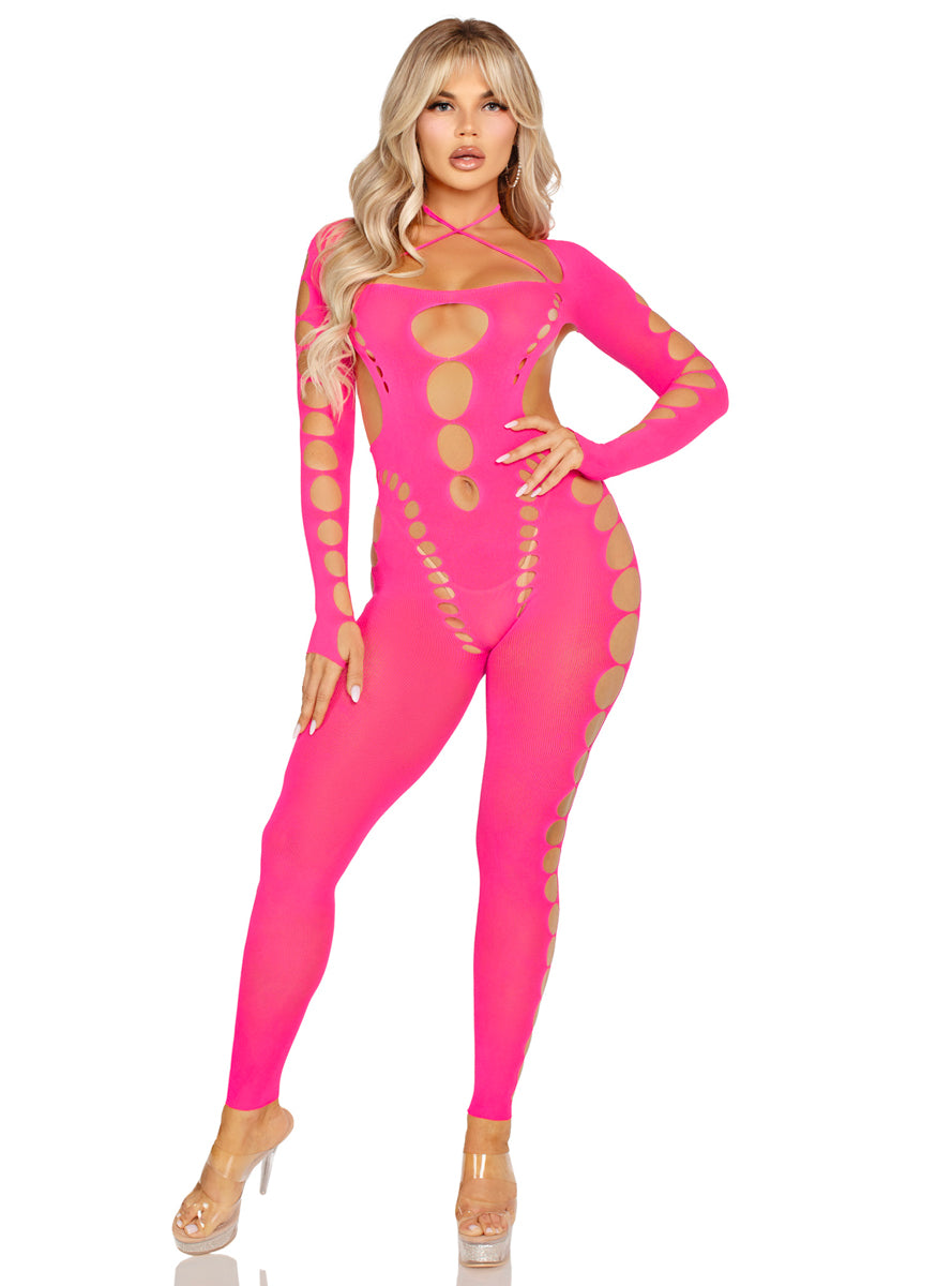 Opaque Cut Out Sexy Neon Pink Seamless Full Jumpsuit