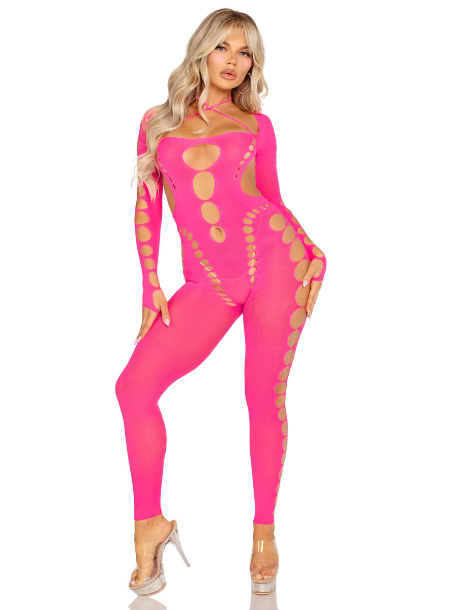 Opaque Cut Out Sexy Neon Pink Seamless Full Jumpsuit