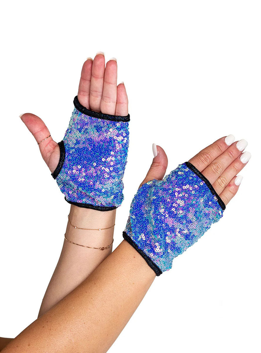 Fingerless Blue Sequin Costume Gloves