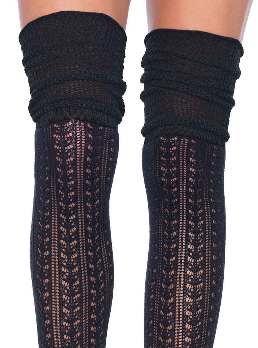 Womens Black Acrylic Pointelle Scrunch Over The Knee Socks Close Image