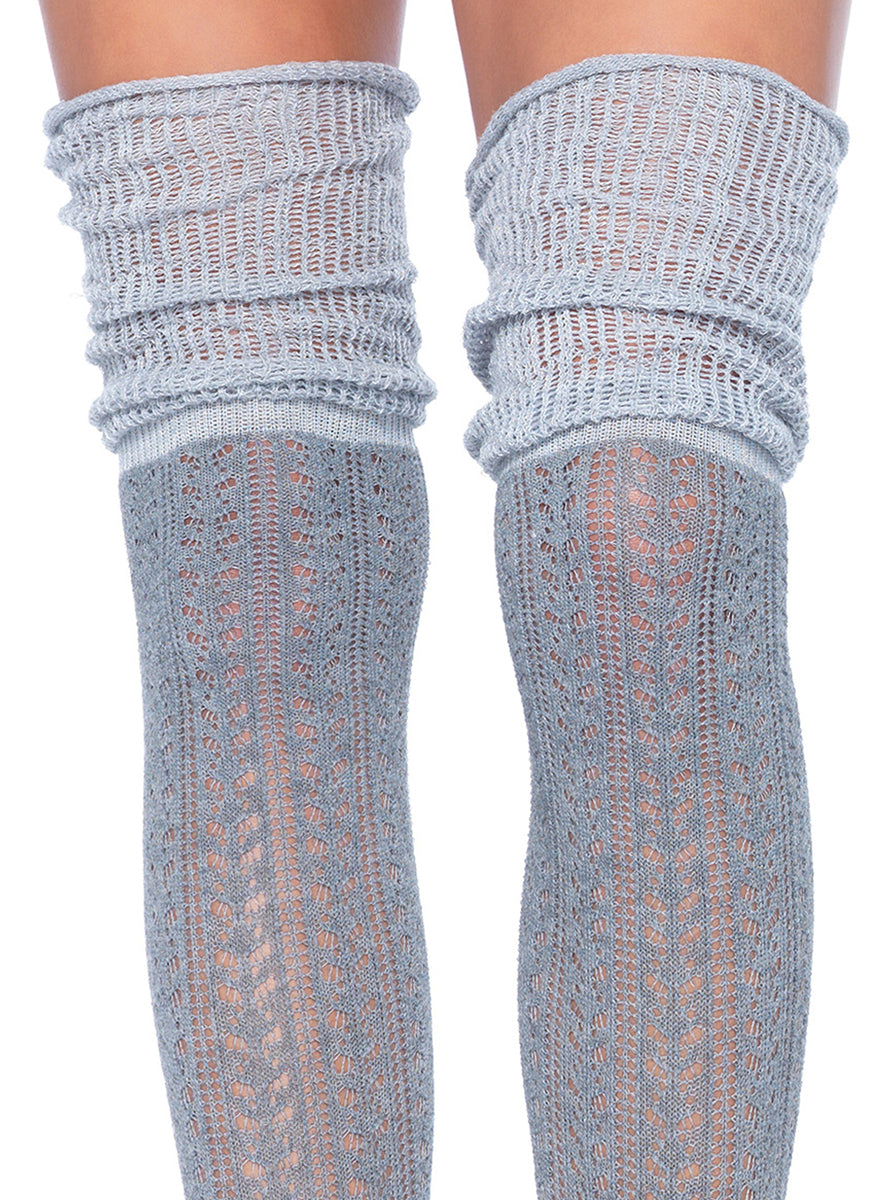 Womens Grey Acrylic Pointelle Scrunch Over The Knee Socks Close Image