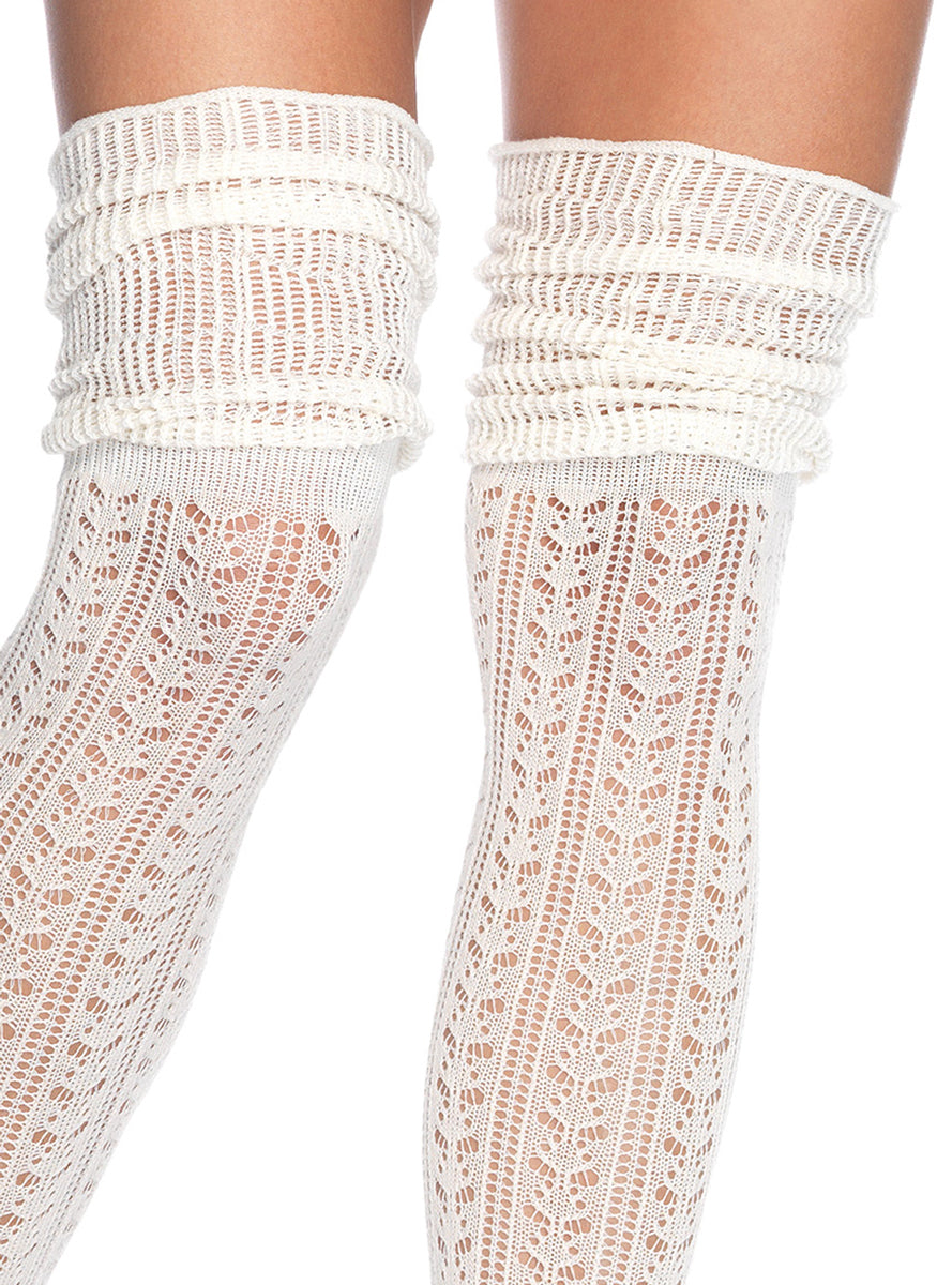 Womens Ivory Acrylic Pointelle Scrunch Over The Knee Socks Close Image