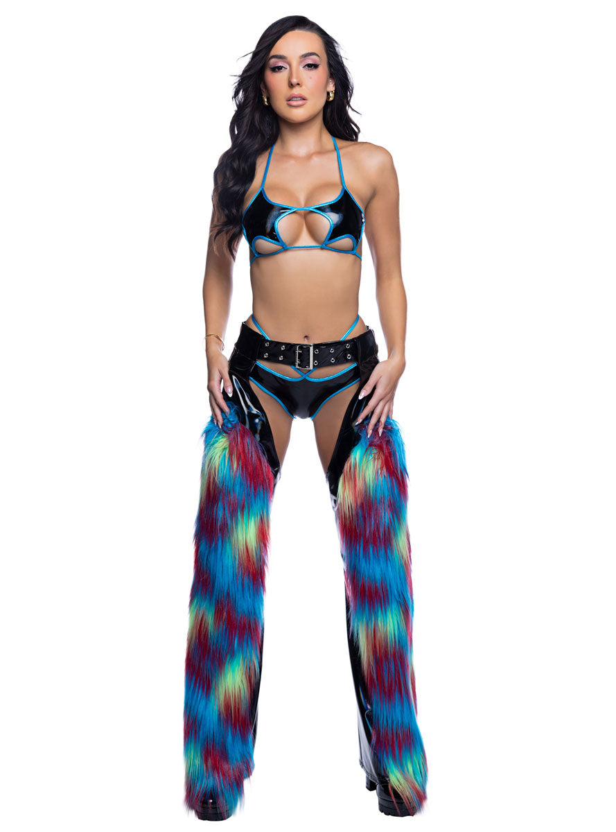 Rainbow Faux Fur and Black PVC Belted Chaps