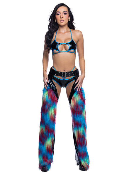 Rainbow Faux Fur and Black PVC Belted Chaps