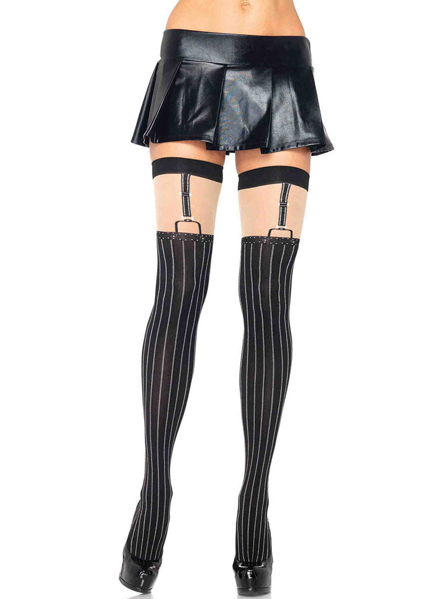 Black Opaque Suspender Print Thigh High Stockings With Pinstripes