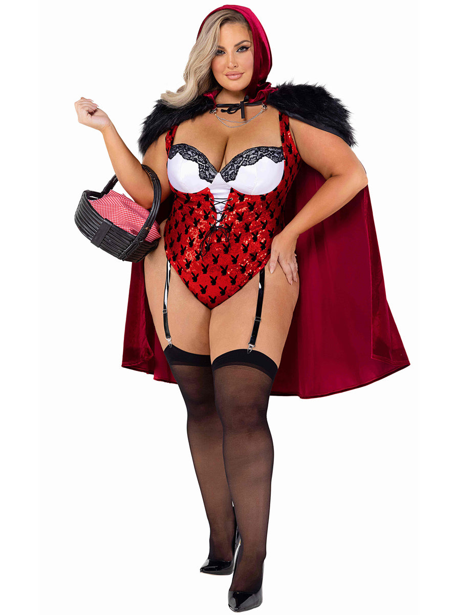 Playboy Enchanted Forest Sexy Plus Size Womens Red Riding Hood Bodysuit Costume - Main Image