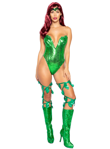 Poison Ivy Sexy Womens Green Sequin Bodysuit Costume - Main Image