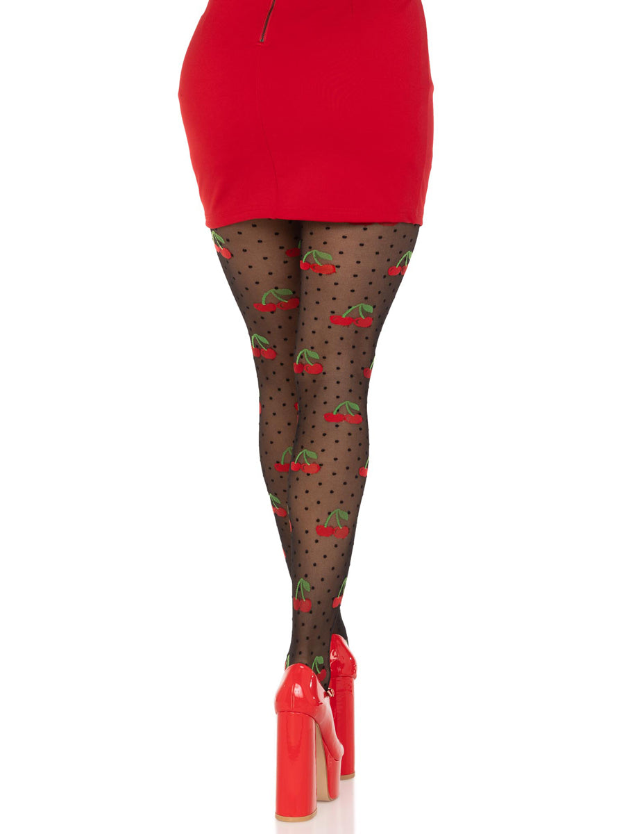 Womens Sheer Black Spandex Polka Dot Cherry Tights Back Image