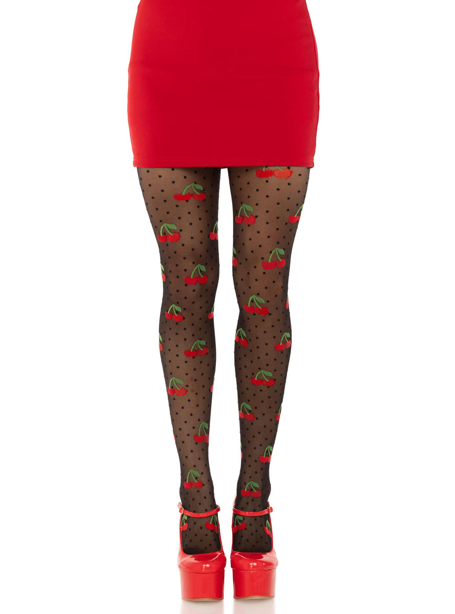 Womens Sheer Black Spandex Polka Dot Cherry Tights Main Image
