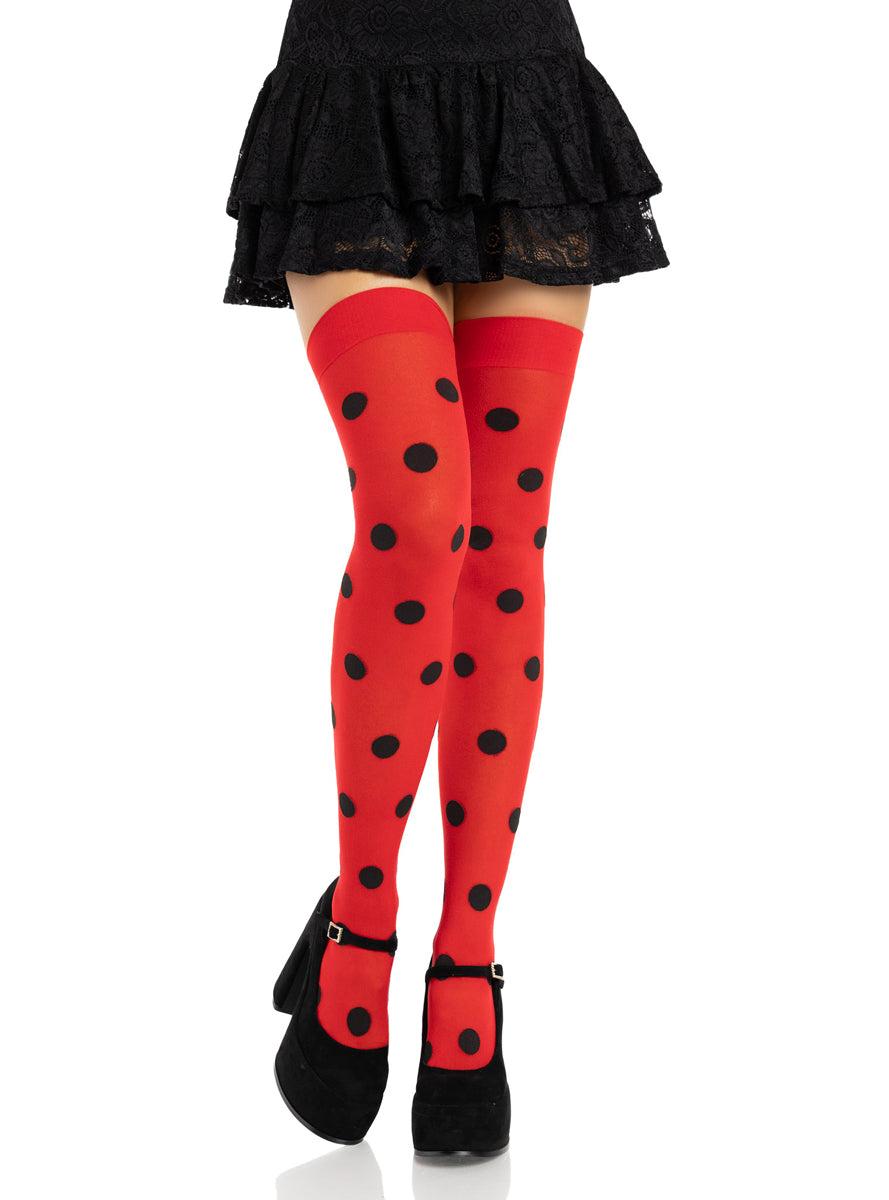 Womens Black And Red Opaque Polka Dot Thigh High Stockings Alternative Image