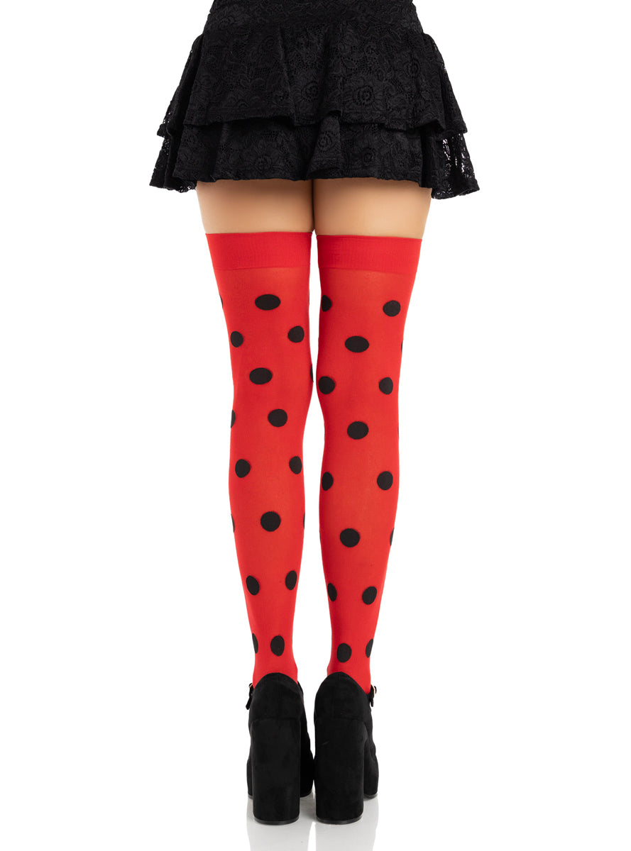 Womens Black And Red Opaque Polka Dot Thigh High Stockings Back Image