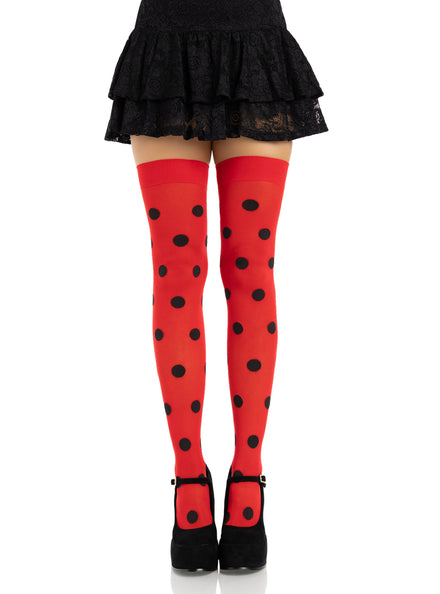 Womens Black And Red Opaque Polka Dot Thigh High Stockings Main Image