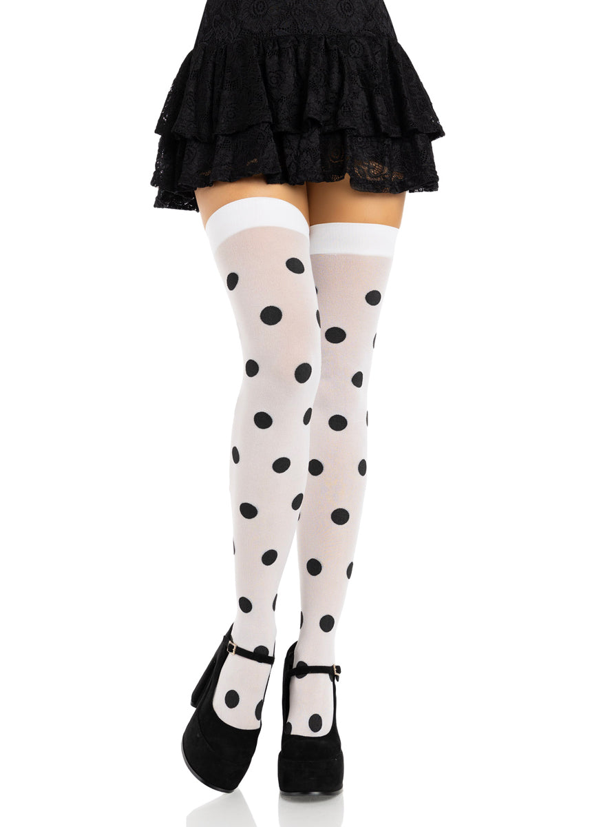 Womens Black And White Opaque Polka Dot Thigh High Stockings Alternative Image