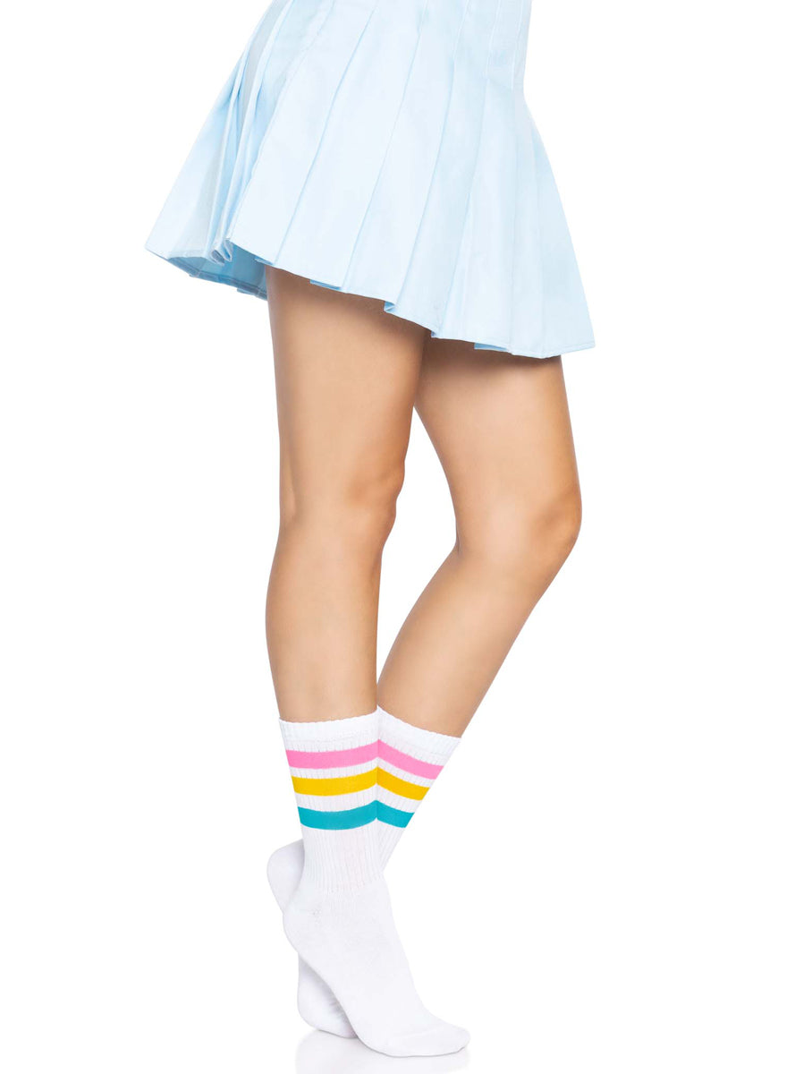 Womens White Pastel Rainbow Striped Pride Crew Socks Side Image