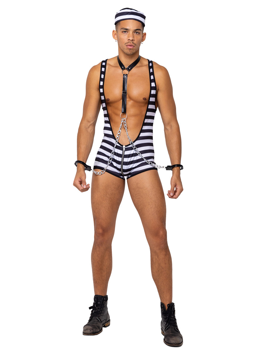 Prisoner Of Desire Sexy Mens Black And White Striped Convict Costume - Main Image