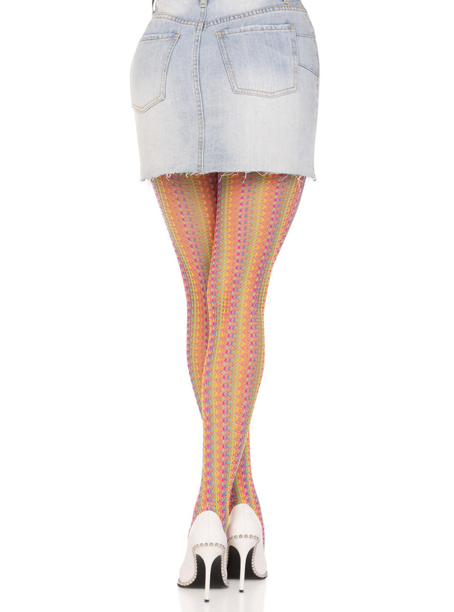 Womens Rainbow Crochet Net Full Length Costume Stockings Back Image