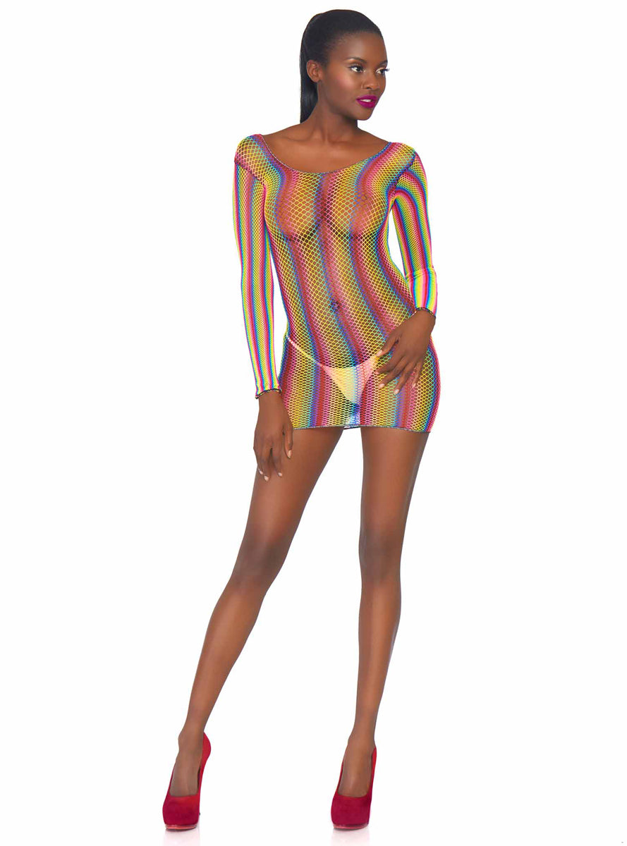 Rainbow Fishnet Long Sleeve Mini Dress