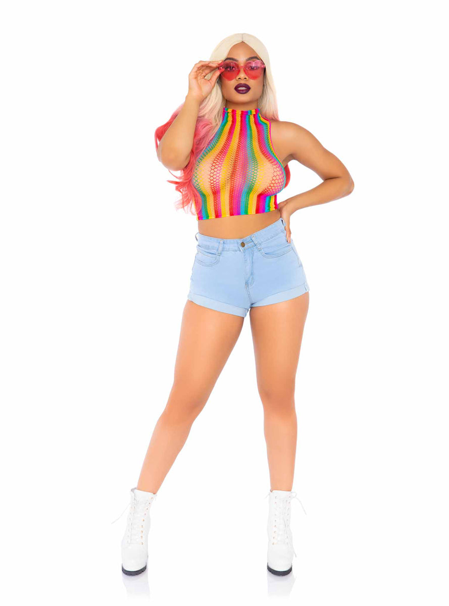 Rainbow Net High Neck Festival Crop Top