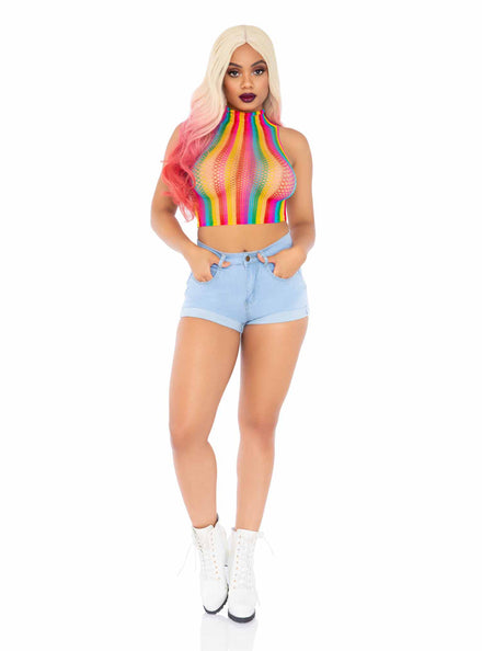 Rainbow Net High Neck Festival Crop Top