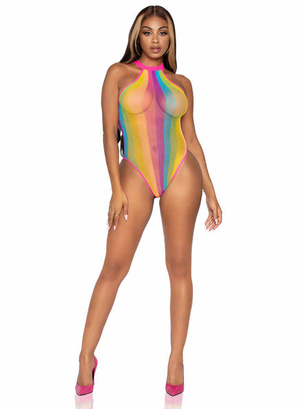 Rainbow Striped Net Racer Neck Bodysuit