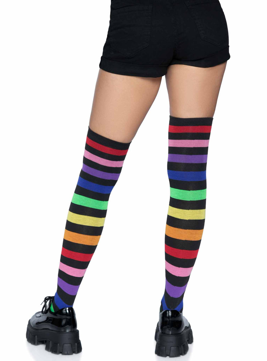 Womens Rainbow Striped Acrylic Thigh High Socks Back Image
