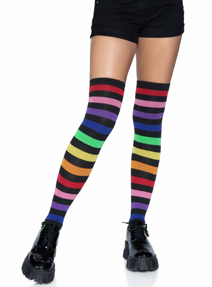 Womens Rainbow Striped Acrylic Thigh High Socks Main Image