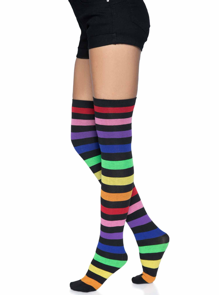 Womens Rainbow Striped Acrylic Thigh High Socks Side Image