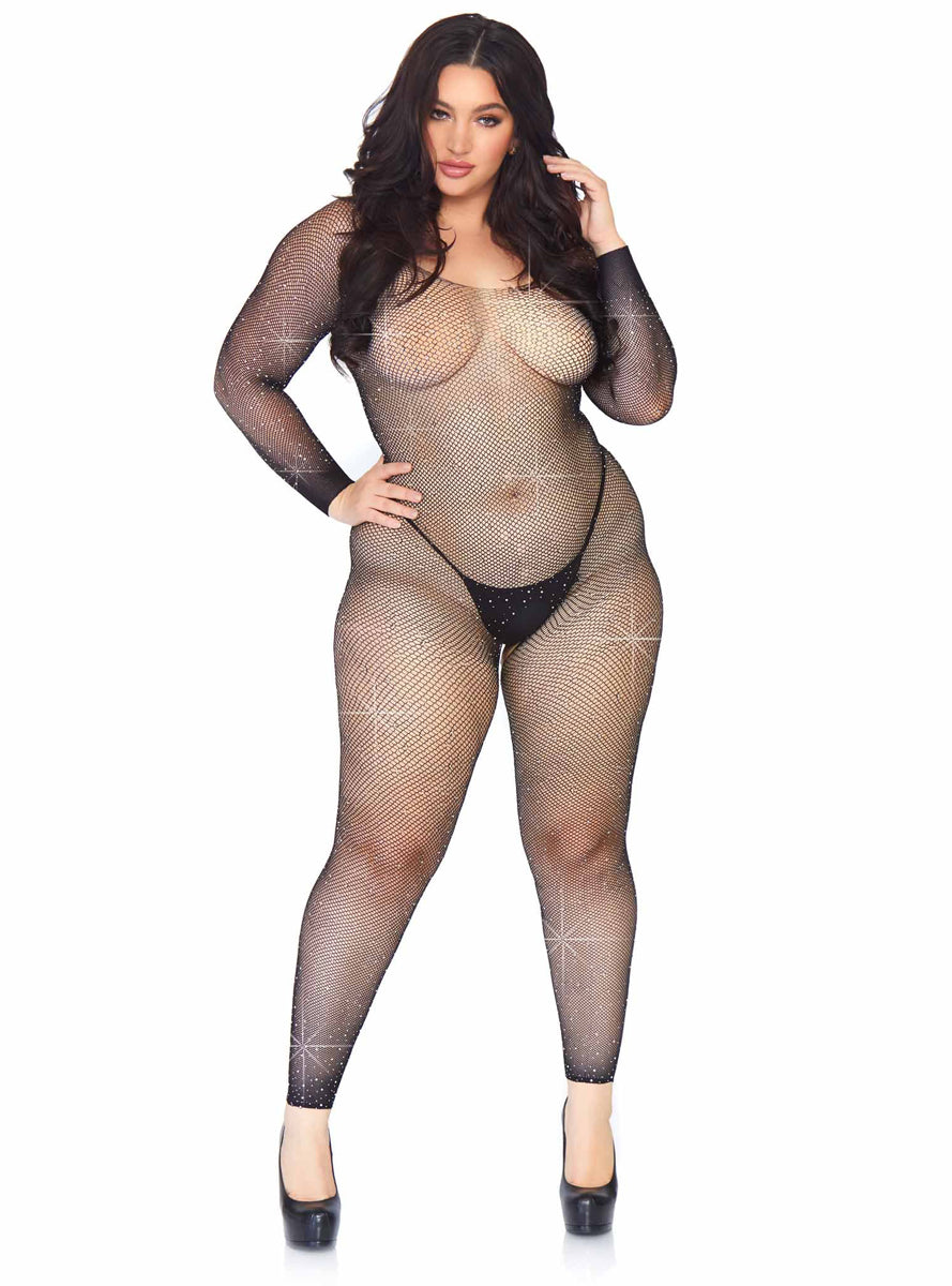 Rhinestone Black Fishnet Plus Size Long Sleeve Full Bodysuit