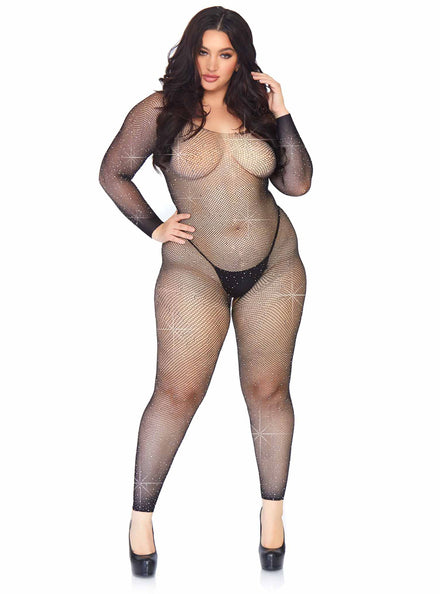 Rhinestone Black Fishnet Plus Size Long Sleeve Full Bodysuit