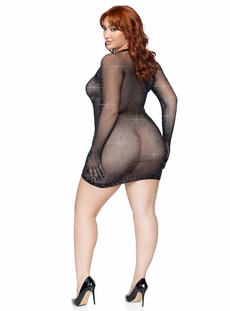 Rhinestone Black Fishnet Plus Size Gloved Mini Dress