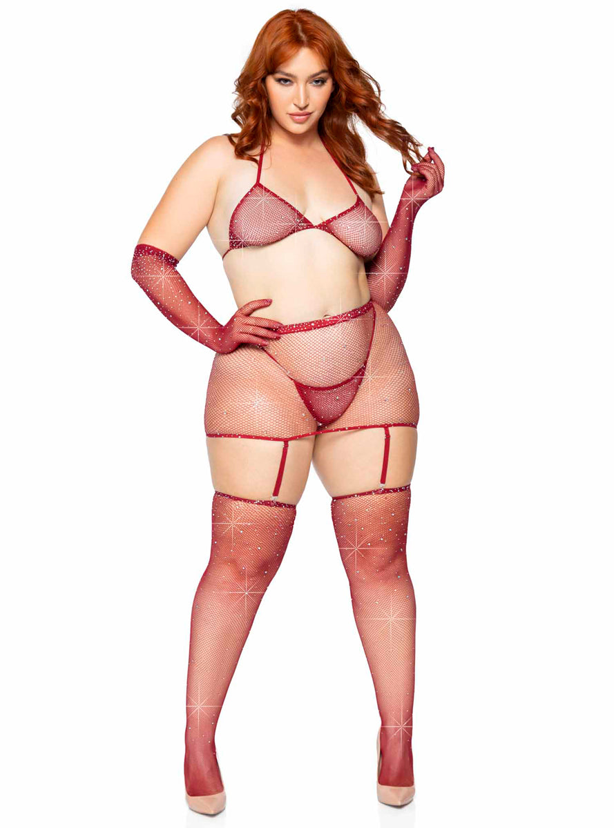Rhinestone Burgundy Fishnet Plus Size Bra and Skirt Set