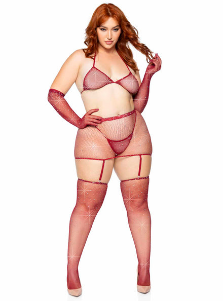 Rhinestone Burgundy Fishnet Plus Size Bra and Skirt Set