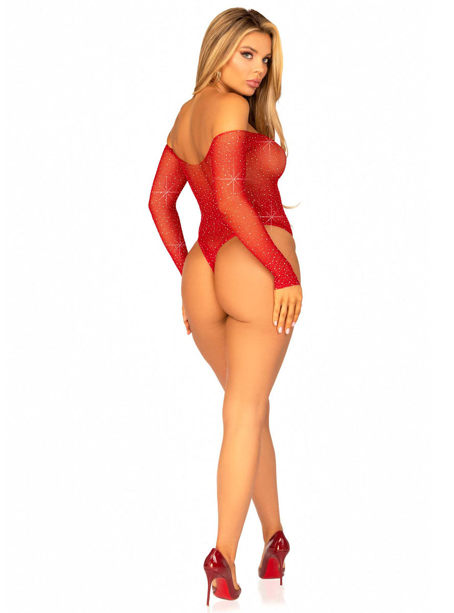 Rhinestone Red Fishnet Long Sleeve Bodysuit