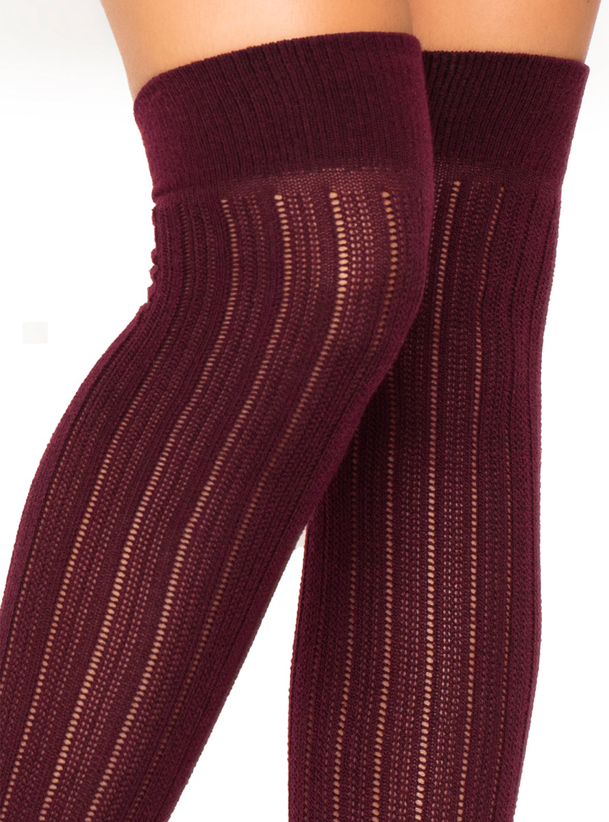Womens Burgundy Rib Knit Over The Knee Socks Close Image