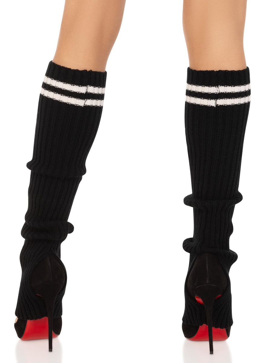 Womens Black Ribbed Stirrup Leg Warmers With Athletic Stripe Back Image
