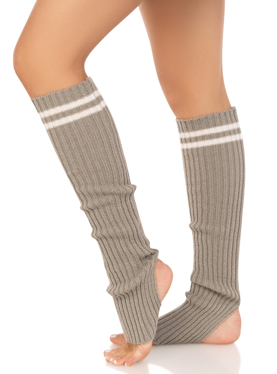 Womens Grey Ribbed Stirrup Leg Warmers With Athletic Stripe Side Image