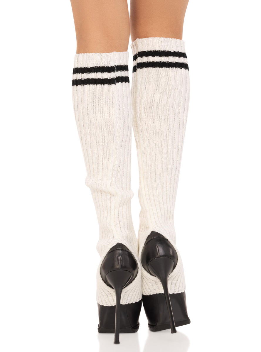 Womens White Ribbed Stirrup Leg Warmers With Athletic Stripe Back Image