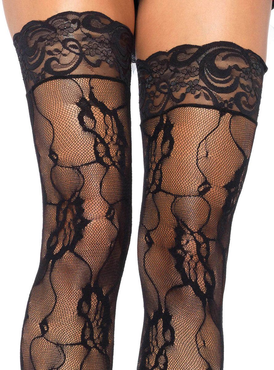 Womens Black Thigh High Stockings With Lace Tops Romantic Lace Close Image