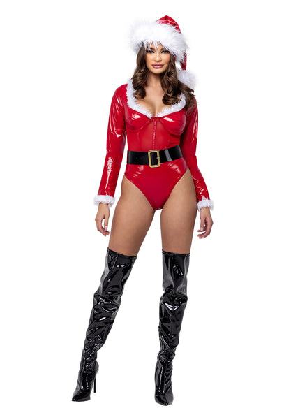 Santa Baby Sexy Womens Red Vinyl Bodysuit Christmas Costume - Main Image