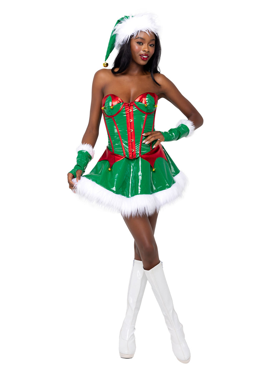 Santas Elf Womens Sexy Green Vinyl Christmas Costume - Main Image