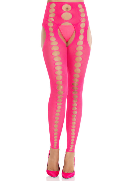 Womens Neon Pink Opaque Footless Suspender Stockings Seamless Cut Out Alternative Image