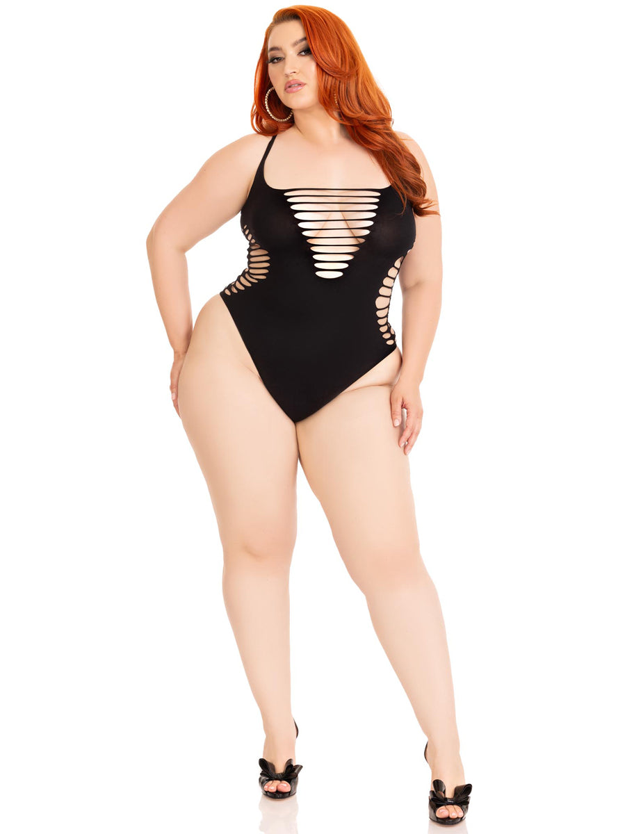 Seamless Black Shredded Plus Size Bodysuit