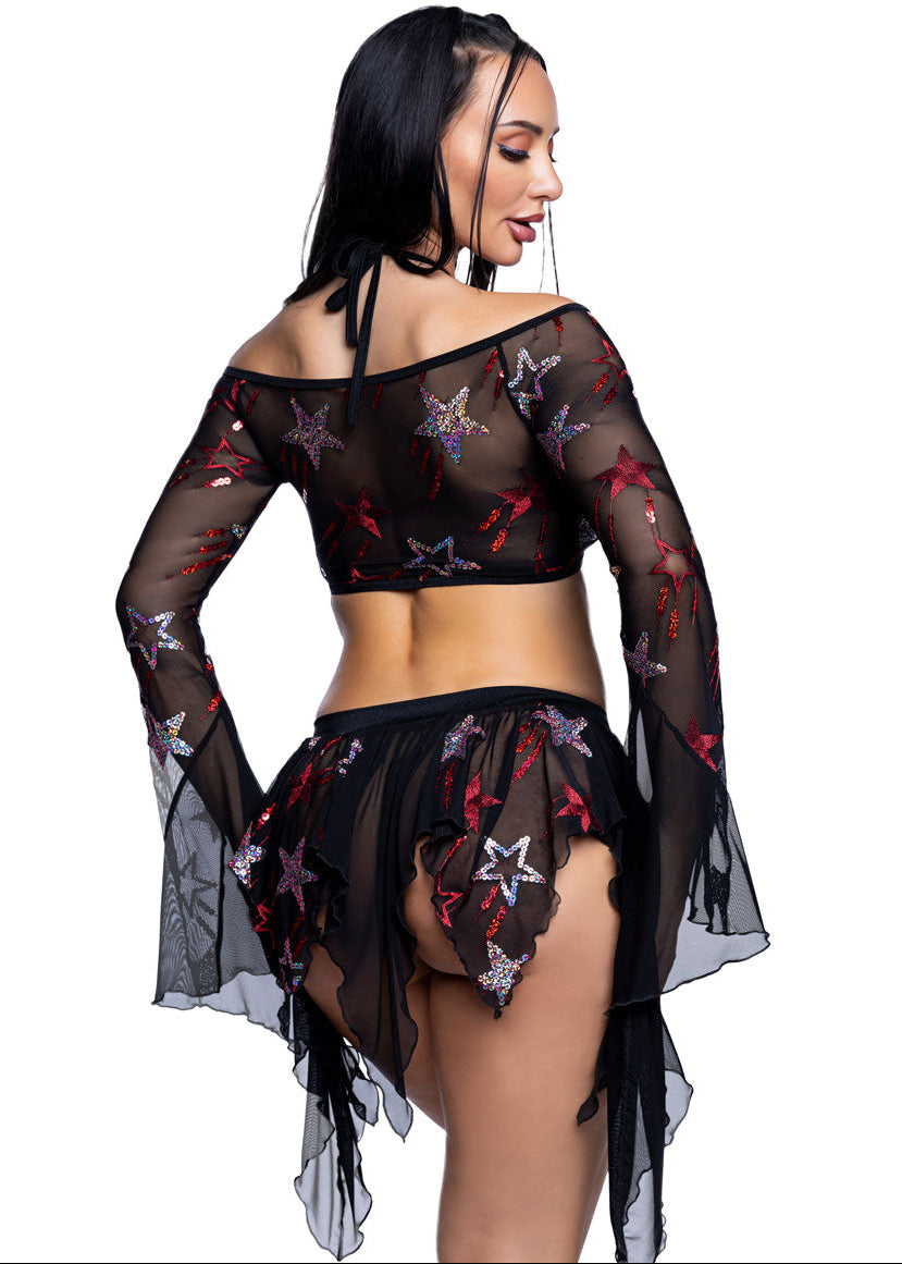 Shooting Stars Black Mesh Top and Skirt Rave Set