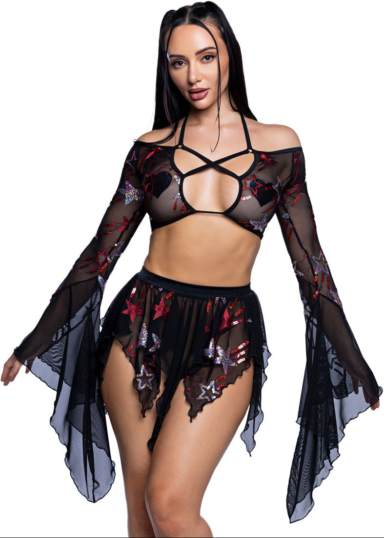 Shooting Stars Black Mesh Top and Skirt Rave Set