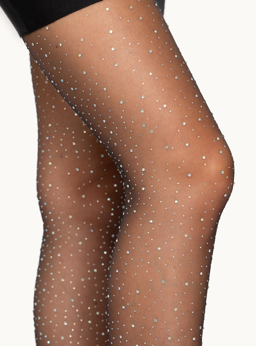 Womens Black Full Length Stockings With Rhinestones Close Image