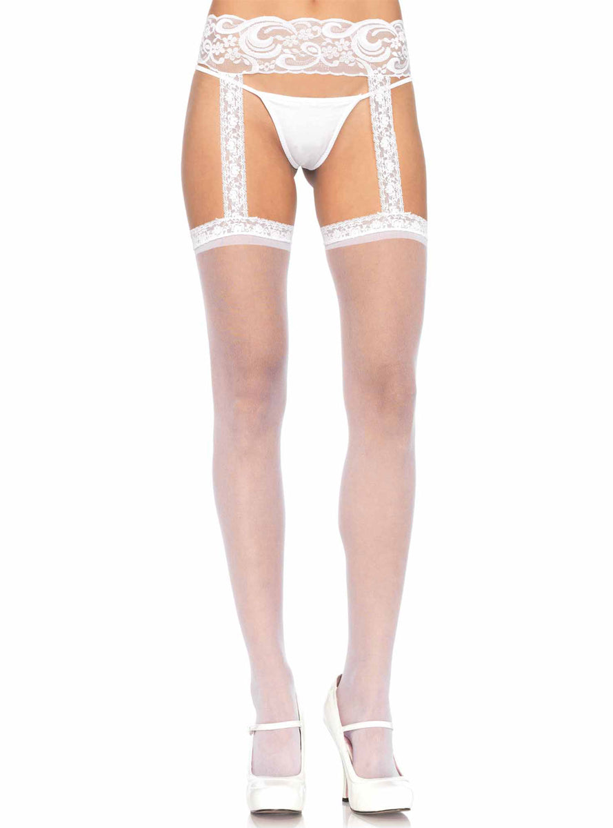 Womens White Sheer Lace Top Stockings With Garter Main Image