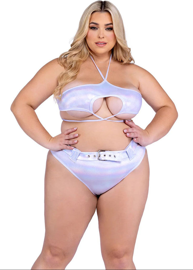 Shimmer White Plus Size High Waist Belted Rave Shorts
