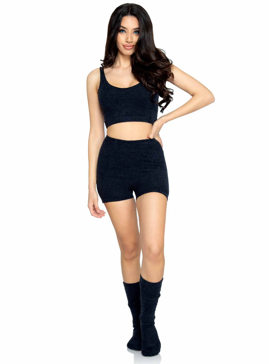 Soft Black Cozy Knit Crop and Shorts Set